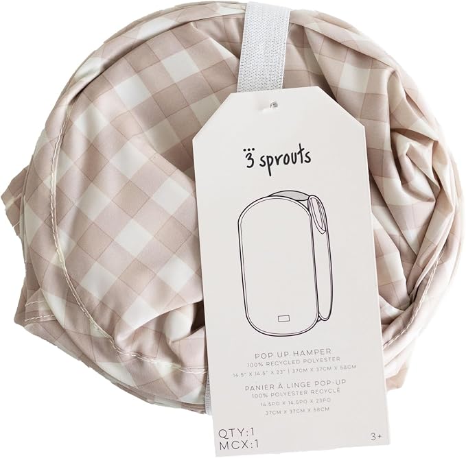 3 Sprouts Pop Up Hamper - Collapsible Laundry Basket, Popup & Foldable Design - Durable Waterproof Fabric for Dirty Clothes, Toys & Towels - Ideal for Dorm, Bedroom & Baby Nursery, Gingham Beige