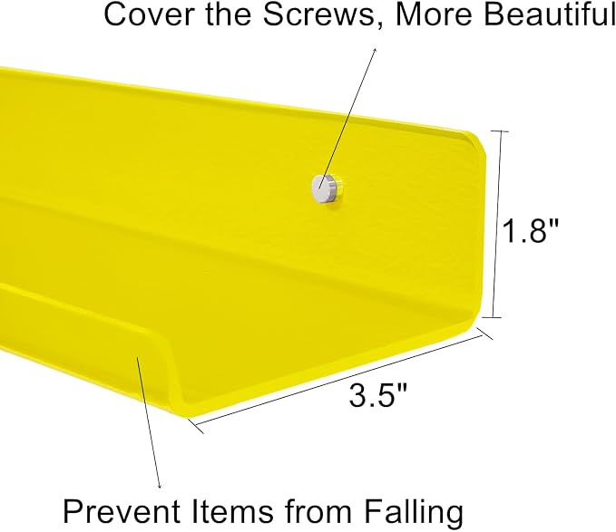 ROYALITA 2-Pack Small Acrylic Shelves Wall Mounted, 12 in Display Shelves | for Small Items, Plants, Room Decor Floating Wall Shelves for Gaming Room, Bedroom, Living Room, Office, Yellow