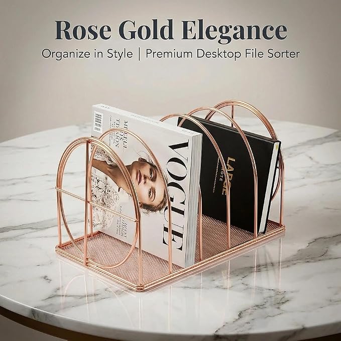 File Sorter Organizer, 5 Section Magazine Holder Rack, Desktop Round Wire Book Stand for Mail, Paper, Document, Folder, Record and Desk Accessories, Rose Gold