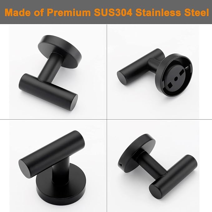 Nolimas Towel Coat Hook Matte Black, SUS304 Stainless Steel Bathroom Clothes Cabinet Closet Sponges Robe Hook Wall Mounted Round Kitchen Heavy Duty Door Hanger 4 Packs