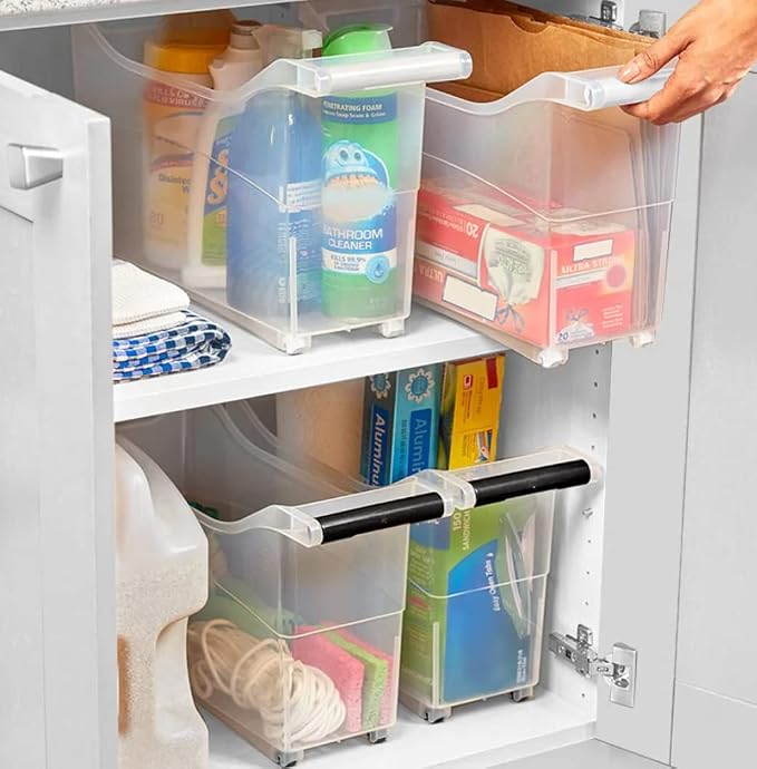 Storage Bin with Handle and Rolling Wheels for Kitchen Organization Plastic - White