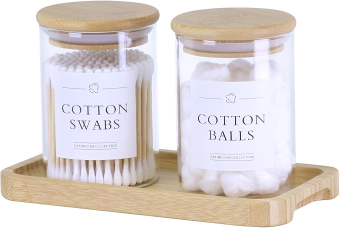 INIUNIK Qtip Holder with Vanity Tray - 2 Pack Glass Apothecary Jars with Lids, Cotton Ball Swab Pad Floss Pick Holder, Bathroom Organizers Jars Containers Canisters Accessories Set