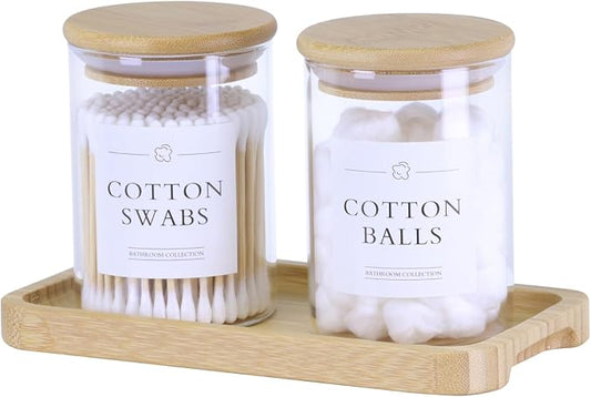 INIUNIK Qtip Holder with Vanity Tray - 2 Pack Glass Apothecary Jars with Lids, Cotton Ball Swab Pad Floss Pick Holder, Bathroom Organizers Jars Containers Canisters Accessories Set