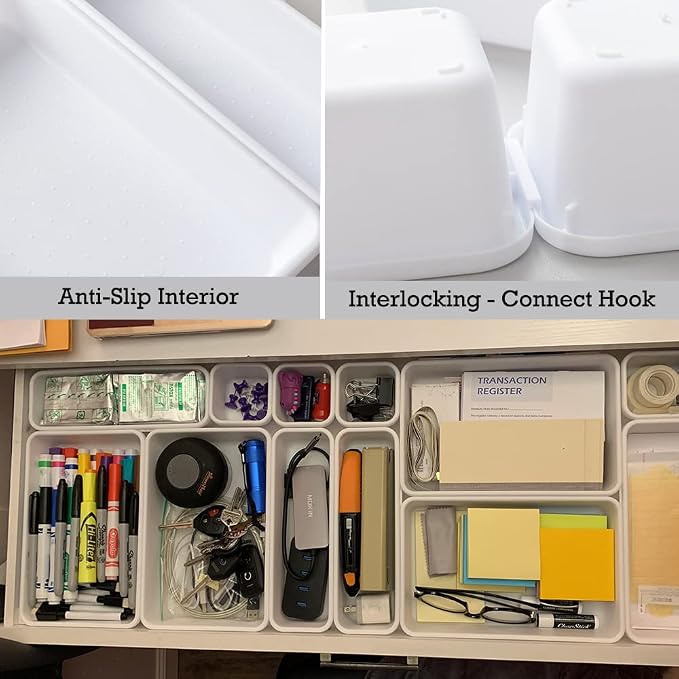 BOPART 25pcs Drawer Organizer Trays for Makeup Jewelries or Gadgets Storage Bins Interlocking for Office, Bedroom Dresser, Bathroom Vanity, Kitchen Junk Drawers Organization - White