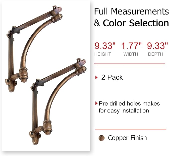 NACH Decorative Shelf Brackets, 2 Pack of 9.6 x 1.7 x 9.6 inch Copper Cast Iron Shelf Brackets - Decorative Brackets for Mounting - Industrial Style Brackets