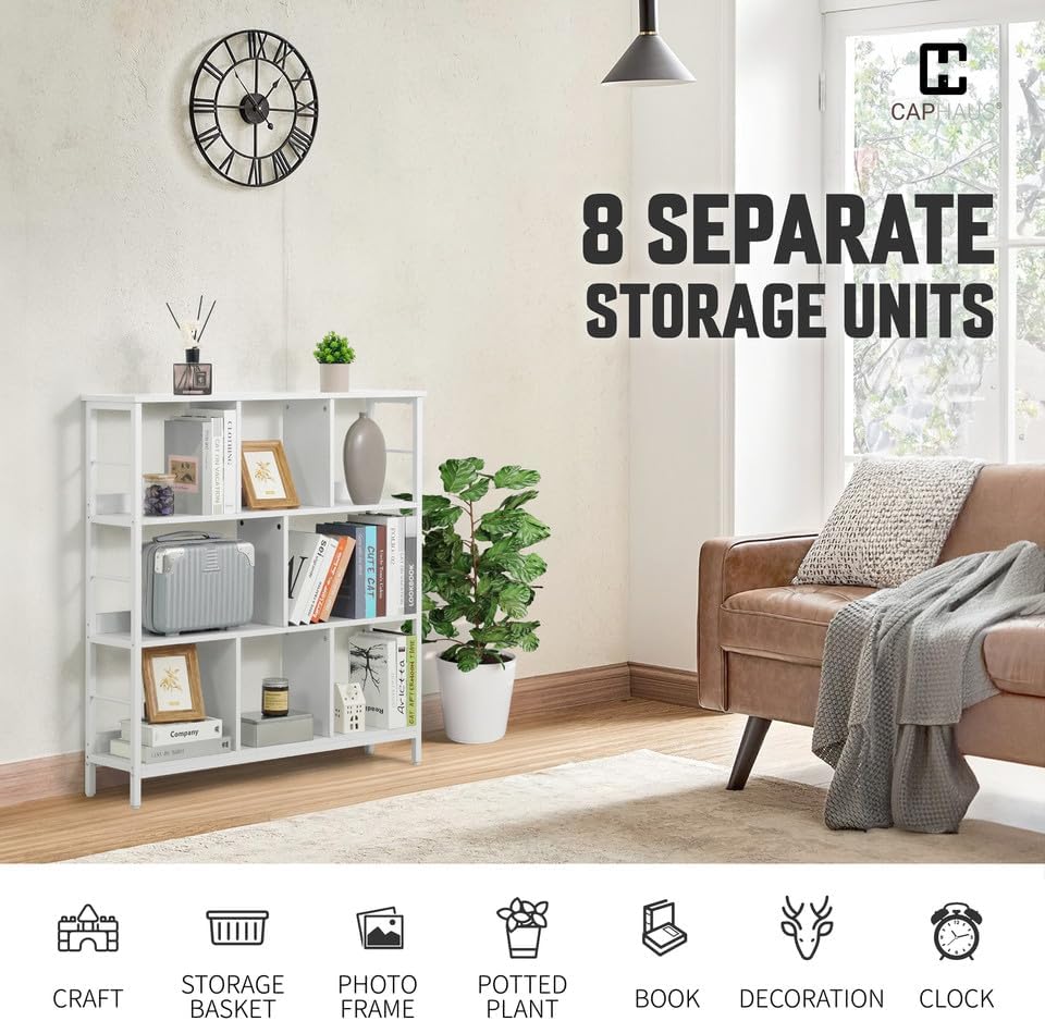 CAPHAUS 8 Cube Storage Organizer, 40” Wide 3 Tier White Industrial Open Shelf Bookcase, Display Shelf, Horizontal Booksh