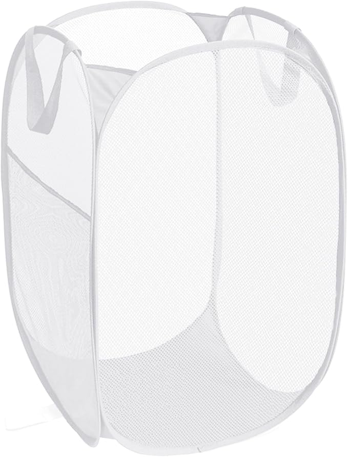 Durable Collapsible Laundry Baskets, Reinforced Mesh Pop Up Laundry Hamper, Foldable Clothes Hampers with Carry Handles for Laundry, Bathroom, Kids Room, Dorm or Travel White