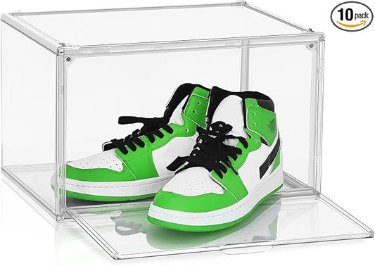 10 Pack Acrylic Shoe Boxes,Stackable Organizer for Everyday Footwear | Fits size 14 sneakers, casual shoes and athletic footwear. Clear acrylic design with magnetic door & dustproof storage.1 Pack