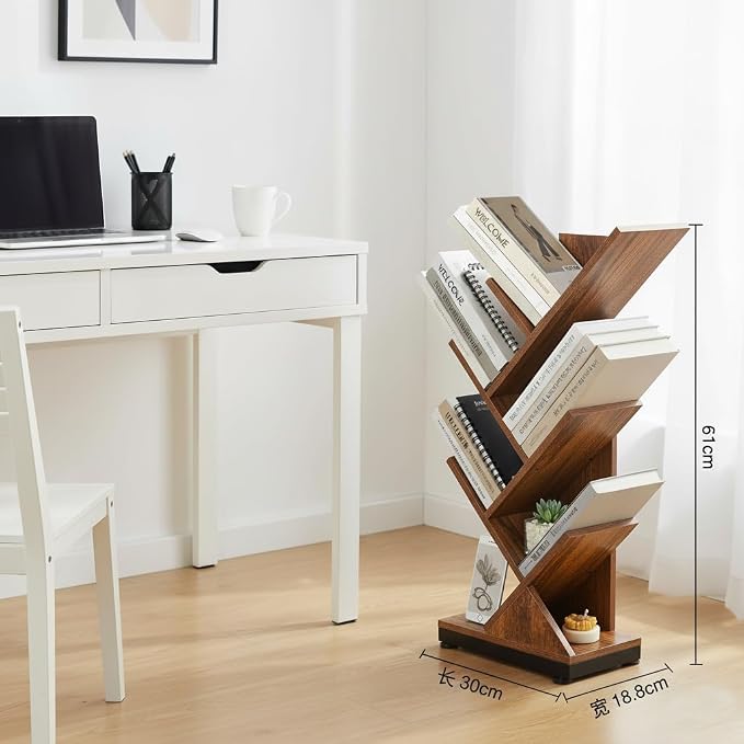 ruboka 5 Tier Tree Bookshelf, Small Bookcase 11.8"*7.4"*24" (Rustic Brown) | Retro Narrow Bookshelves for CDs/Magazines, Book Shelf for Bedroom, Living Room, Office, Balcony, Study Room