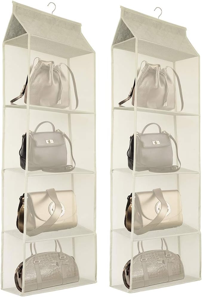 Closet Handbag Purse Holder, Space Saving Hanging Handbag Storage Tote Bag Organizer Holder with 4 Large Heavy-Duty Mesh Shelves for Wardrobe Closet(Pack of 2 Beige)