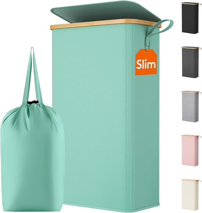 Lifewit 65L Slim Laundry Hamper with Lid, Narrow Laundry Basket with Removable Bag & Bamboo Handles, Fodable Thin Dirty Clothes Hamper for Laundry Collapsible Bin for Bathroom Bedroom Dorm, Sage Green