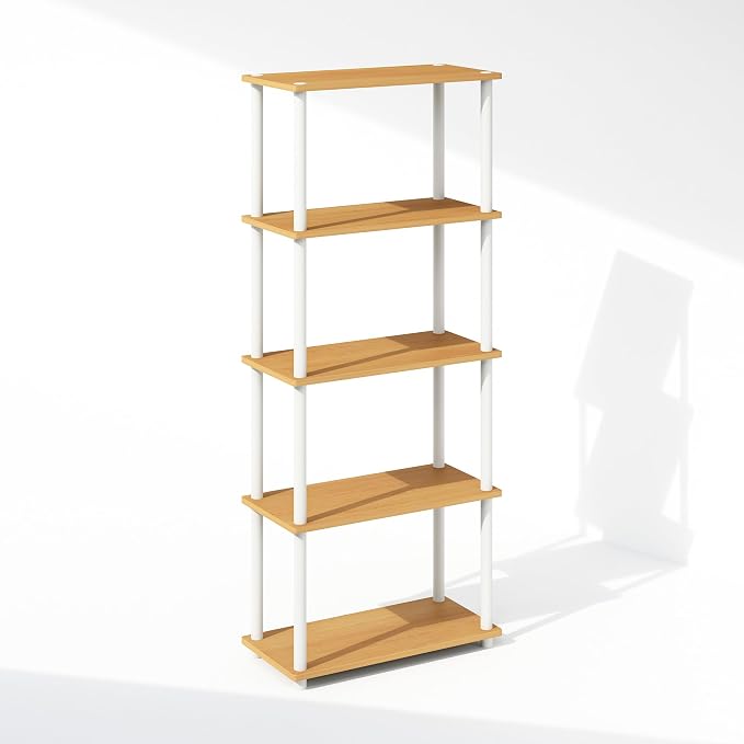 Furinno Turn-N-Tube Book Shelf, 5-Tier Bookshelf, Bookcase with Multipurpose Compact Display Rack, 11.6 x 23.6 x 57.4, for Living Room, Bedroom, Home Office, Beech/White