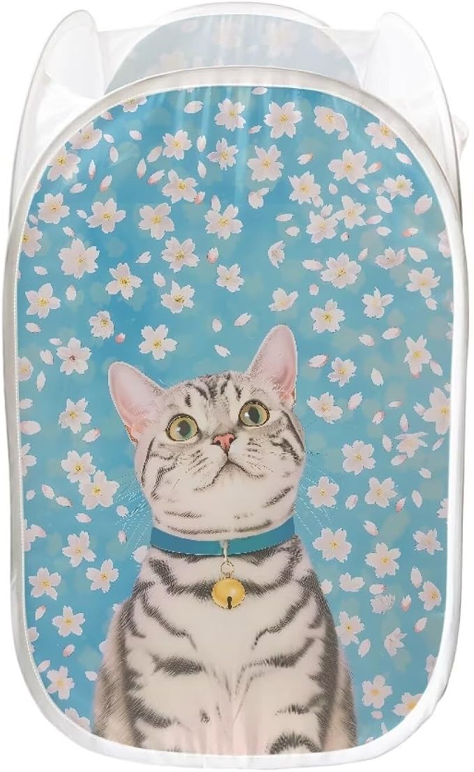 AFPANQZ Daisy Cat Pop Up Laundry Hamper with Side Pocket Collapsible Design for Clothes Laundry Toys Nursery Save Place for Home Easy Folding for Travel 61L,13.5x13.5x21 inches