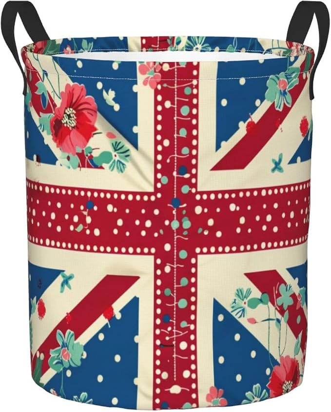 British Flag In The Floral Laundry Basket,Laundry Hamper,Collapsible Storage Bin, Oxford Fabric Clothes Baskets,Nursery Hamper For Home,Office,Dorm,Gift Basket