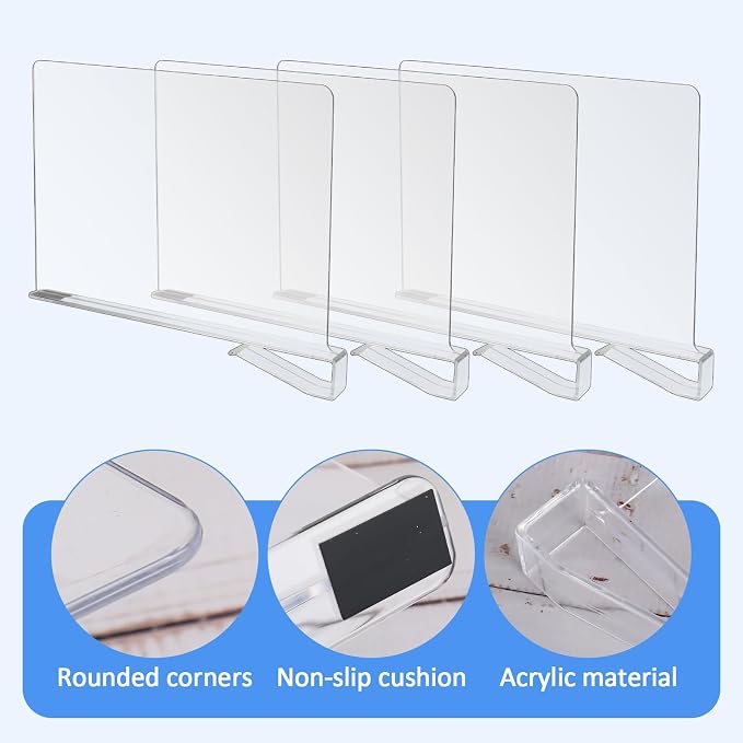 Pack of 4 Acrylic Shelf Dividers Wardrobe, Transparent Divider Shelf, 20 x 28 cm, Multifunctional Pockets Organiser Cupboard, for Kitchen Cabinets, Bookshelves, Cupboards