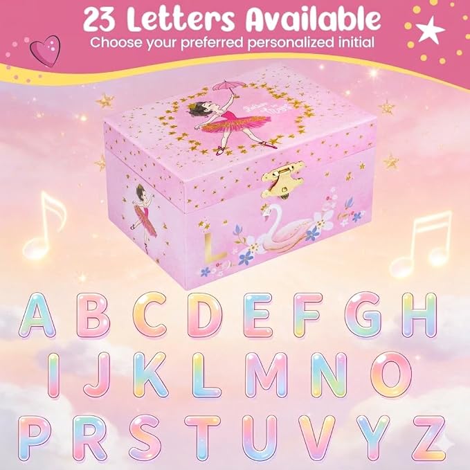 Personalized Initial L Musical Jewelry Box for Girls - Ballerina Music Box with Spinning Dancer, Includes Unicorn Necklace & Bracelet Set, Custom L Letter Keepsake for Kids Ages 3-10