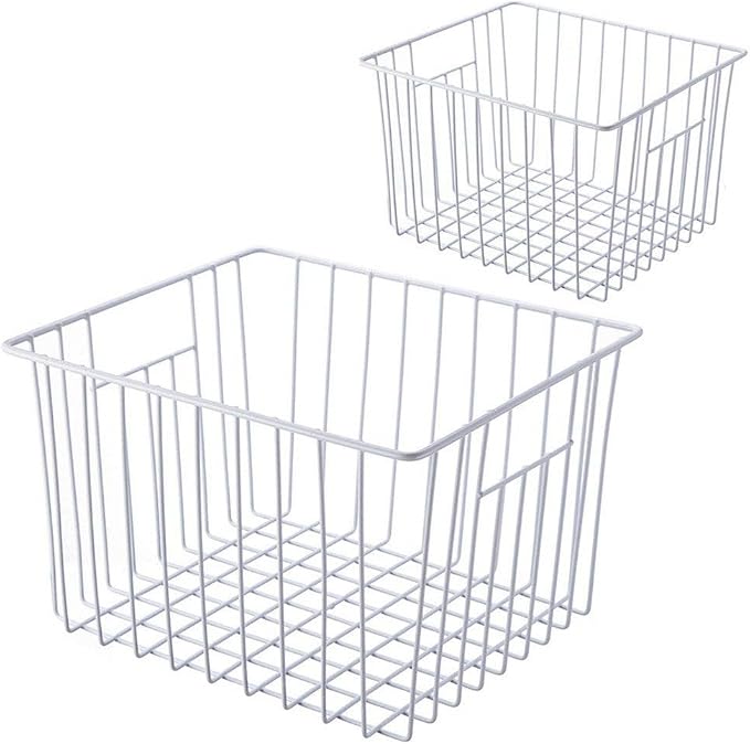 SANNO Freezer Baskests Organizer Bins, Freezer Wire Storage Basket Refrigerator Storage Baskets Bins Organizer with Built-in Handles for Cabinets, Pantry, Closets, Bedrooms - Set of 2 White