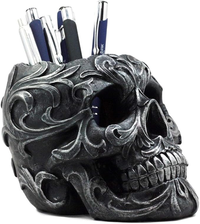 Ebros Gift Tribal Tattoo Floral Skull Pen Holder Figurine 5.75" L Office Desktop Ossuary Skulls Decor Cranium Skeleton Head Stationery Holder As Halloween Macabre Graveyard Spooky Decorative Statue