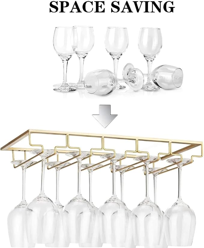 FOMANSH Wine Glass Rack - Under Cabinet Stemware Wine Glass Holder Glasses Storage Hanger 2 Pack Metal Organizer for Bar Kitchen 5 Rows Gold