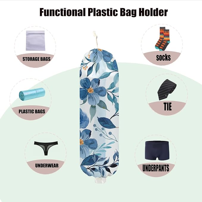 Flower Plastic Bag Holder, Grocery Bag Holder for Plastic Bags, Flower Gift | Blue Floral Wall Mount Washable Grocery Bags Storage Dispenser for Home Kitchen Pantry Decor, Flower Gifts for Women