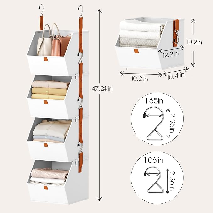 Homsorout Hanging Closet Organizer 4 Tier - Clothes Hanging Shelves, Space-Saving Closet System, Fabric Storage Bins Bedroom Organization, Collapsible Baskets for Home, Dorm, Rv, White, 8 Pack
