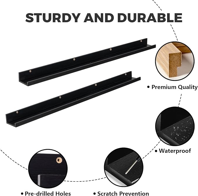 Muzilife 55" Large Floating Wall Ledge Shelves with Lip - Set of 2 Wood Floating Shelves - Black Wall Mounted Picture Ledge for Office, Bathroom, Bedroom, Living Room, Kitchen
