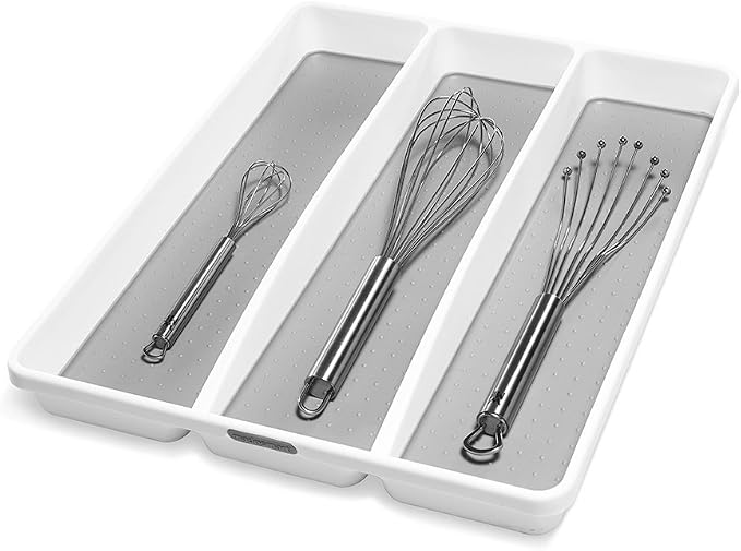 madesmart 3 Compartment Utensil Tray, Multi Purpose Storage Organizer, Non Slip Lining,Deep Storage for Ladles, Whisks & Serving Tools, for Drawers & Home Organization, White
