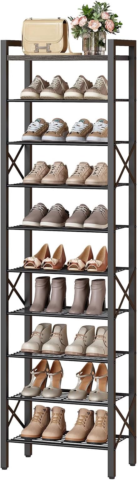 YATINEY 10-Tier Narrow Shoe Rack, Tall Shoe Rack for 10-20 Pairs, Slim Shoe Storage Organizer with Wooden Top, Space Saving, Metal Frame, for Entryway, Charcoal and Black SS68BC