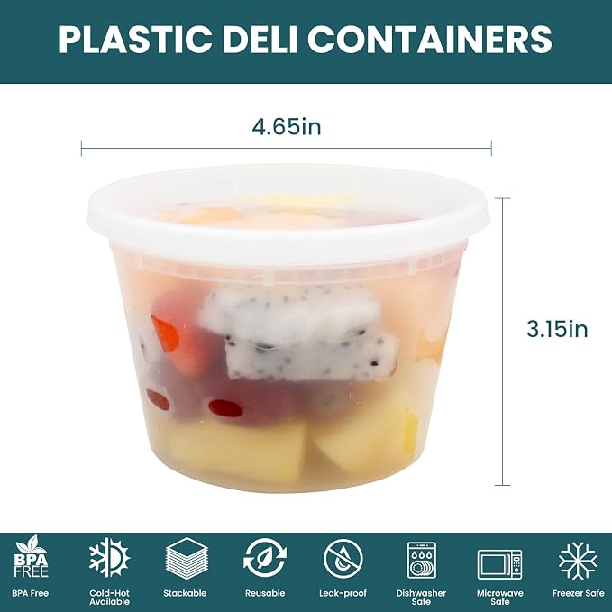 WGCC Deli Containers with Lids 16 oz - Disposable Soup Containers with Lids 48 Sets - Plastic Containers with Lid, Food Storage Containers with Lids, BPA Free/Microwave/Freezer/Dishwasher Safe