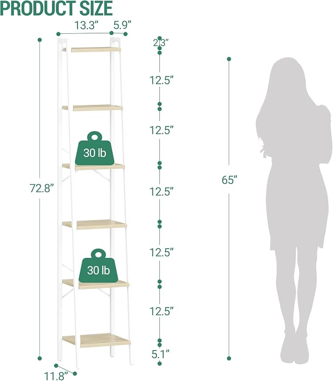 Hzuaneri Ladder Shelf, Bookshelf Bookcase, Freestanding Corner Storage Shelve with 2 Hooks for Home Office, Living Room, Kitchen, Bedroom, Industrial, 11.8" D x 13.4" W x 72.8" H, White Oak and White