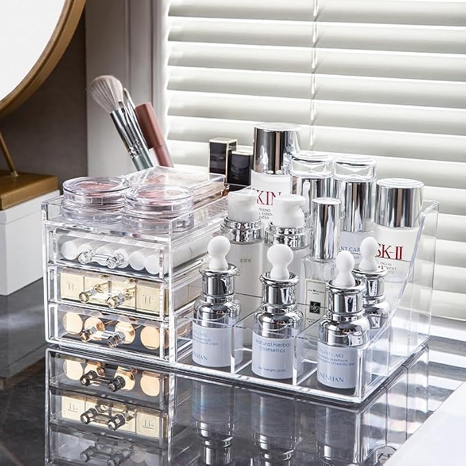 Cq acrylic Makeup Organizer With 9 Drawers,Large Capacity Countertop Organizer for Vanity,Bathroom and Bedroom Desk Cosmetics Organizer for Skin Care,Brushes, Eyeshadow, Lotions, Lipstick, Nail Polish