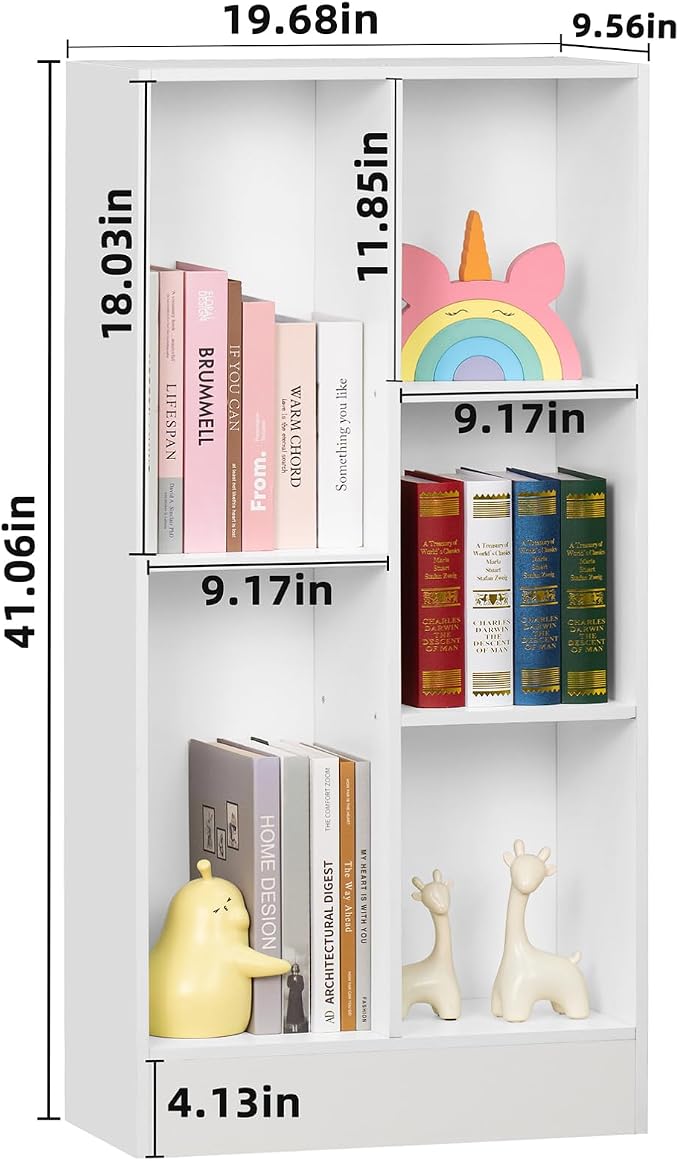 YAHARBO 5 Cube White Bookshelf,Small Modern Horizontal Bookcase,Wood Floor Standing Low Bookshelves Display Storage Cabinet with Base, Short Book Shelf Open Organizer for Bedroom,Living Room,Office