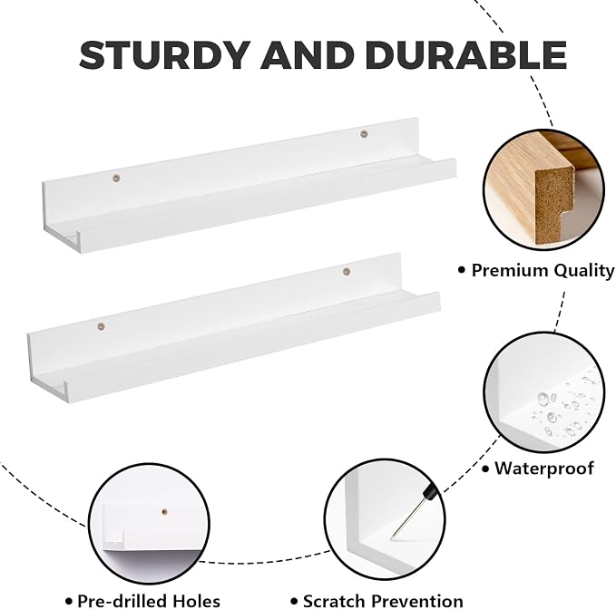 Muzilife 24" Small Floating Wall Ledge Shelves with Lip - Set of 2 Wood Floating Shelves - White Wall Mounted Picture Ledge for Office, Bathroom, Bedroom, Living Room, Kitchen