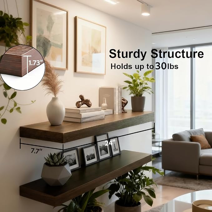 Floating Shelves for Wall,Wall Shelves for Decor Storage,Display Shelving 24 inch Set of 2,Wall Mounted Wood Shelf for Bedroom,Living Room,Bathroom,Kitchen,Brown (2pcs,Brown)