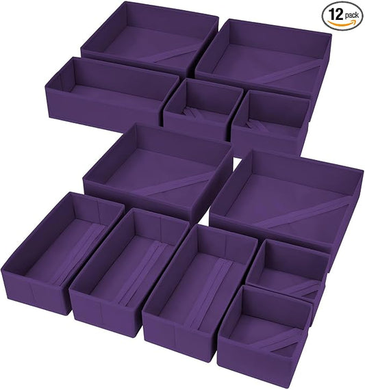 DIMJ Drawer Organizer Clothes, 12 Pack Dresser Organizer, Foldable Closet Organizers and Storage, Fabric Dresser Bins, Drawer Dividers for Nursery, Baby Clothes, Underwears, Sock (Purple)