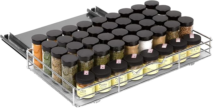 Pull-Out Cabinet Spice Rack Organizer, 18 ⅜"W x 10 ½"D x 2 ¾"H | Slim Slide-Out Storage for Spices, Bottles & Jars, Premium Heavy-Duty Steel, Easy Install for Narrow Kitchen Cabinets, Chrome