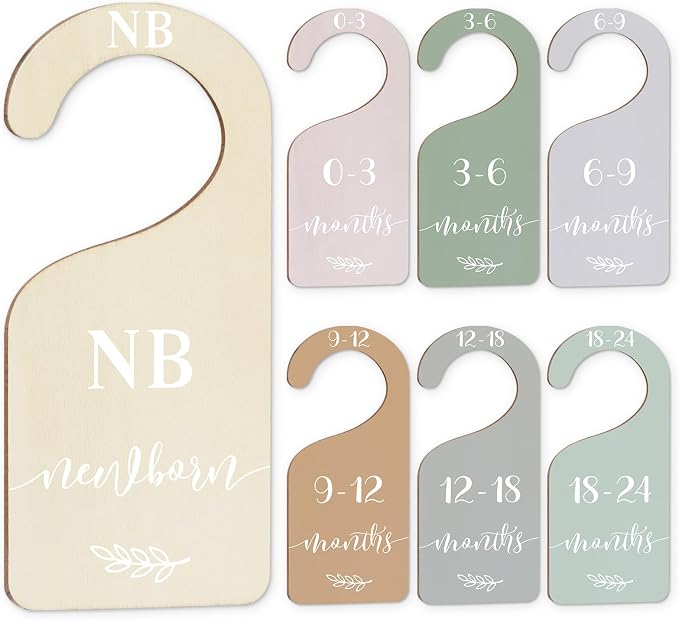Whaline 7 Pcs Terrazzo Wood Baby Closet Size Dividers with White Velvet Bag Newborn to 24 Month Thicken Infant Wardrobe Hanger Organizers for Home Nursery Party Supplies
