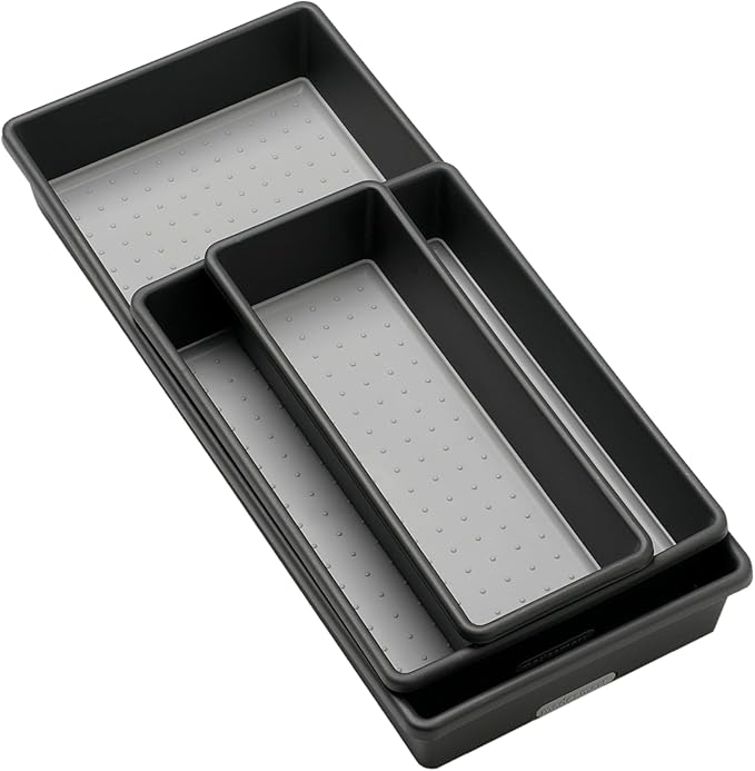 madesmart 3 Bin Drawer Organizer Set, Multi Purpose Storage for Utensils, Office & Bathroom, Organizer for Cutlery, Peeling Tools, Spatulas, Soft Grip Lining & Non Slip Feet, Granite
