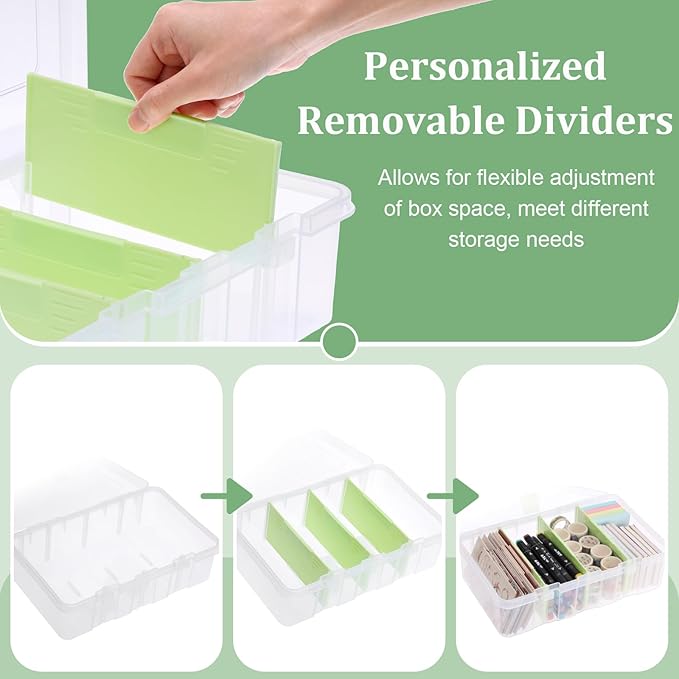 BTSKY Clear Plastic Dividing Storage Box with 4 Compartments Adjustable Storage Bin with Lid Plastic Craft Storage Container Multipurpose Sewing Box Art Supply Organizer, 13.3x8.1x3.4 Inches, Green