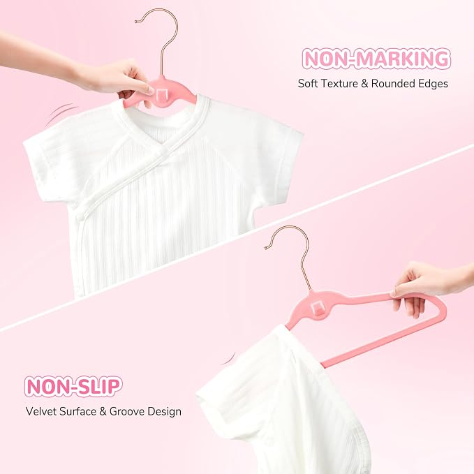 Baby Velvet Stackable Hangers 30 Pack, 11 Inches Pink Kids Clothes Hangers for Closet, Non Slip Toddler Infant Hanger for Nursery, Thin Space Saving Children Felt Hanger with 360° Swivel Hooks