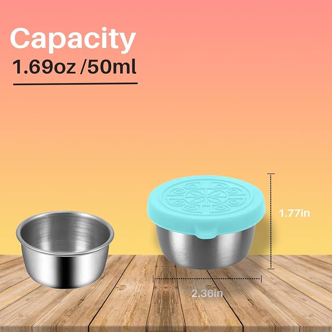 Pack of 6 Salad Dressing Container To Go: Small Condiment Containers with Lids, Reusable Stainless Steel Sauce Cups, Leakproof Silicone Lids for Bento Box, Picnic and Travel (Teal - 1.69oz)