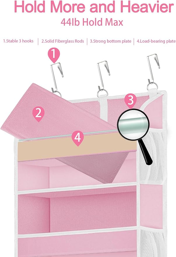 TAHAVICE 2 Pack Over the Door Storage Organizer with 5 Large Pockets | 44 lbs Weight Capacity & 10 Mesh Pockets Door Hanging Organizers and Storage for Bedroom,Bathroom,Nursery,Babyroom(Pink)