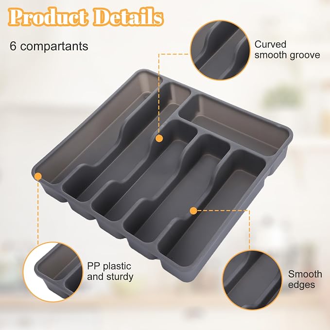 Gray Silverware Organizer with Lid,6 Compartment Flatware Organizer | Plastic Utensil Drawer Organizer for Kitchen and Countertop, Silverware Tray for Knives Forks Spoons Holder Case 12.6x11.8In