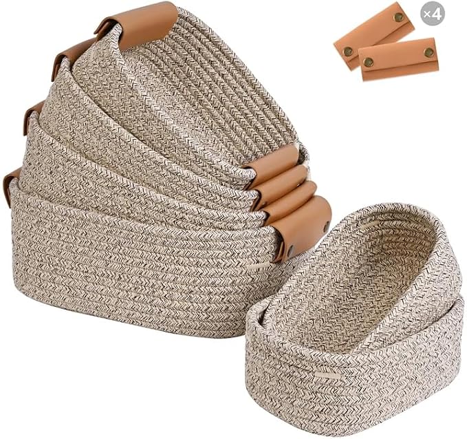 Storage Baskets for Organizing, Small Woven Basket Set of 6-4 Shelf Basket with Leather Handle and 2 Small Gift Baskets, Cotton Rope Basket for Shelves, Nursery, Dog Toy, Bathroom