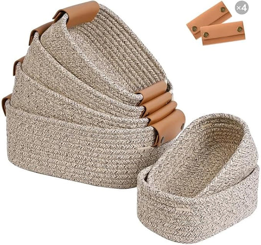 Storage Baskets for Organizing, Small Woven Basket Set of 6-4 Shelf Basket with Leather Handle and 2 Small Gift Baskets, Cotton Rope Basket for Shelves, Nursery, Dog Toy, Bathroom