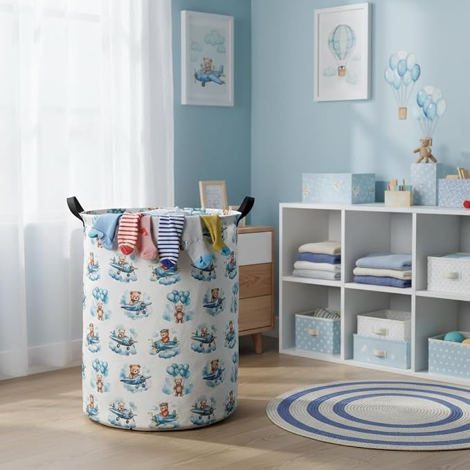 Baby Laundry Basket Baby Hamper for Nursery Girl Kids Butterfly Hamper Cute Kids Toys Storage Bin Organizer Butterfly Room Decor for Home(Bear Pilot)