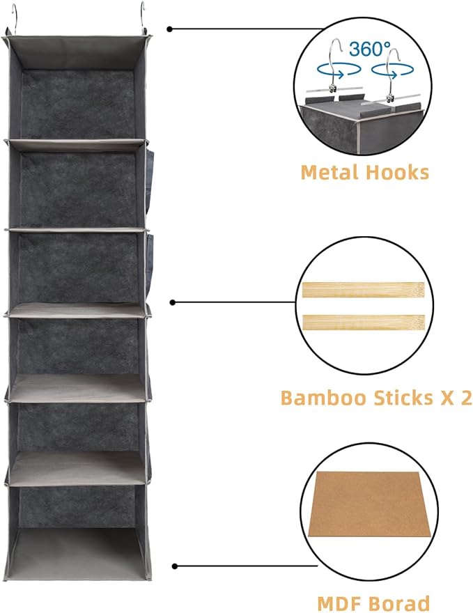 2 Packs Hanging Closet Organizer, 6-Shelf Closet Organizers and Storage with Side Pockets, Collapsible Hanging Shelves for Closet & RV & College Dorm,Grey