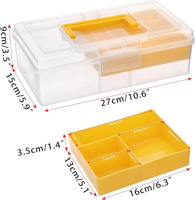 JUXYES Clear Art Craft Supply Storage Bin Sewing Box With Handle Lid | Plastic Carry Storage Box with Removable Tray, 2 Layers Portable Storage Case for Art Craft, Sewing, School Office Supplies
