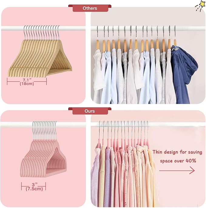 Stormix Baby Velvet Hangers Non-Slip Space Saving Swivel Hook 50 Pack Pink