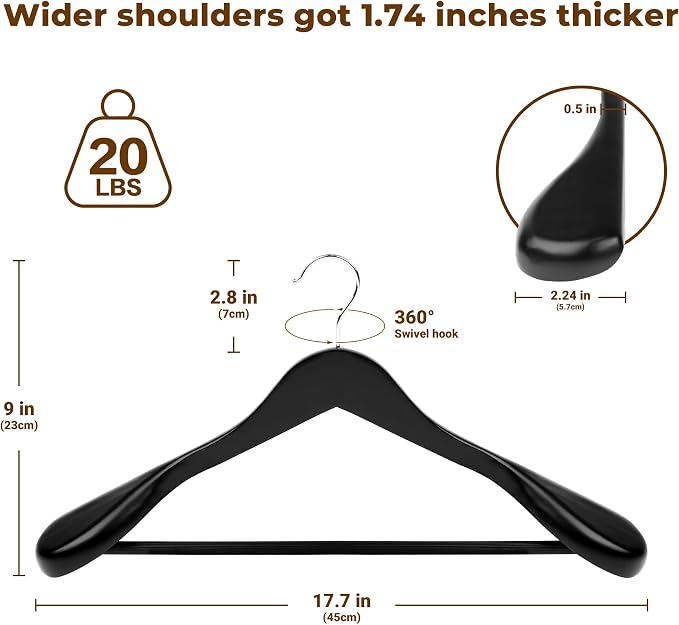 Coat Hanger 8-Pack, MEQUTION Wood Hangers Trouser Hangers Extra Wide Shoulder Wooden Hangers for Heavy Coat, Sweater, Skirt, Suit, Pants, Retro Finish (Black)